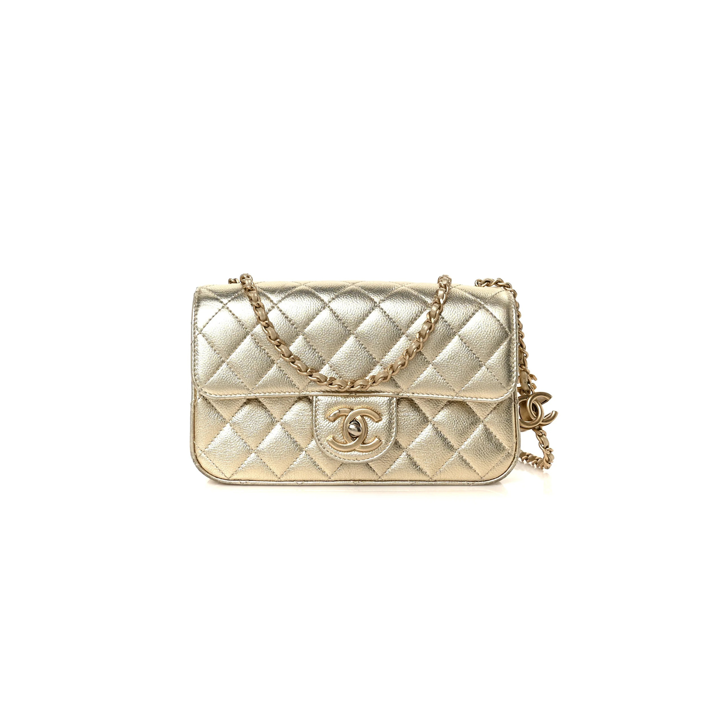 CHANEL METALLIC CAVIAR QUILTED MINI RECTANGULAR CC SLIDE FLAP LIGHT GOLD AS5759 (20*13*7cm)